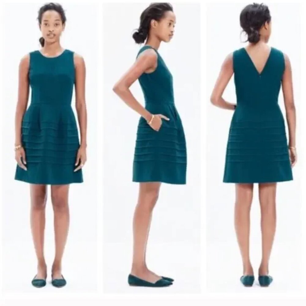 Madewell Midnight Shutter Pleat Fit & Flare Dress | Spruce Green | Size 6